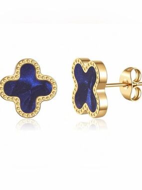 Macy's Gold-Tone Clover Stud Earrings with Deep Blue Inlay
